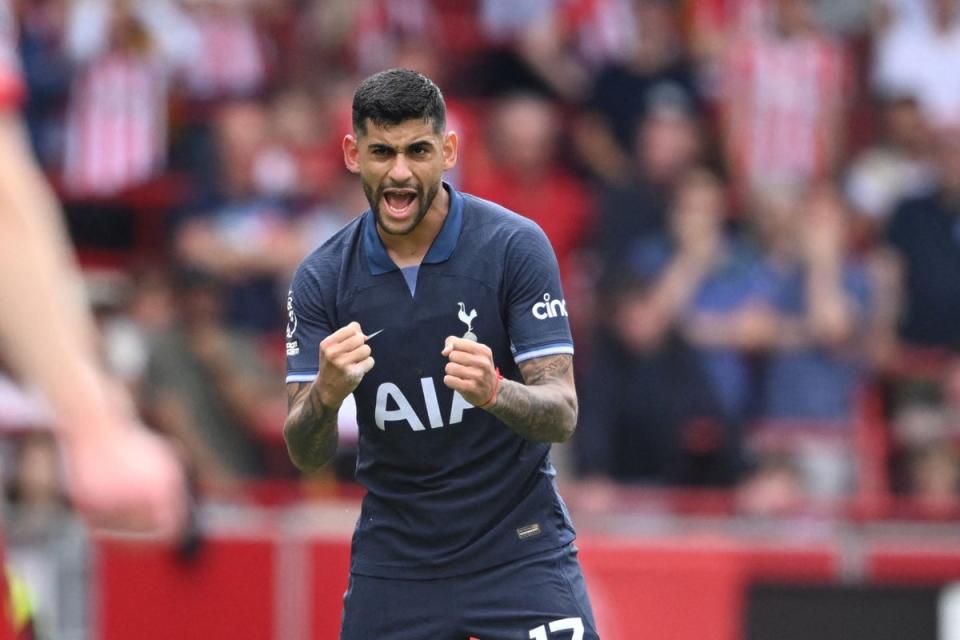 Well up for it: Cristian Romero in typical full-blooded mode after scoring in the 2-2 draw at Brentford (AFP via Getty Images)