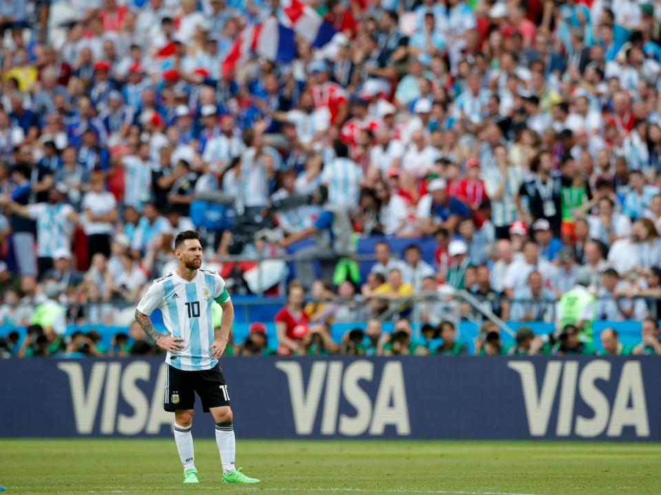 Messi reacts to Argentina's 3-4 loss against France at the 2018 World Cup.