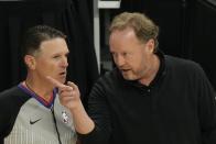 Milwaukee Bucks head coach Mike Budenholzer argues a call during the first half of Game 2 of the NBA Eastern Conference basketball finals game against the Atlanta Hawks Friday, June 25, 2021, in Milwaukee. (AP Photo/Morry Gash)