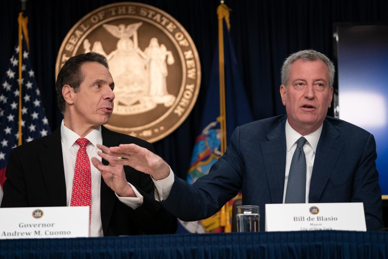 New York City Mayor Bill de Blasio, right, speaks alongside Governor Andrew Cuomo at a coronavirus press conference at the governor's Manhattan office March 2, 2020 in Manhattan, New York. 