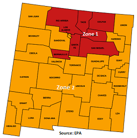 According to EPA’s Map of Radon Zones, nearly three-quarters of New Mexico is considered to have “moderate” levels of radon emissions. Doña Ana County is designated as having moderate levels of radon emissions.