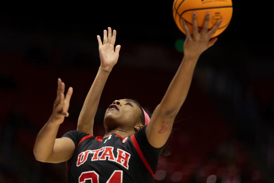 Utah Utes forward Dasia Young (34) attempts a basket at University of Utah’s Huntsman Center in Salt Lake City on Jan. 14, 2024. University of Utah won 93-56. | Marielle Scott, Deseret News