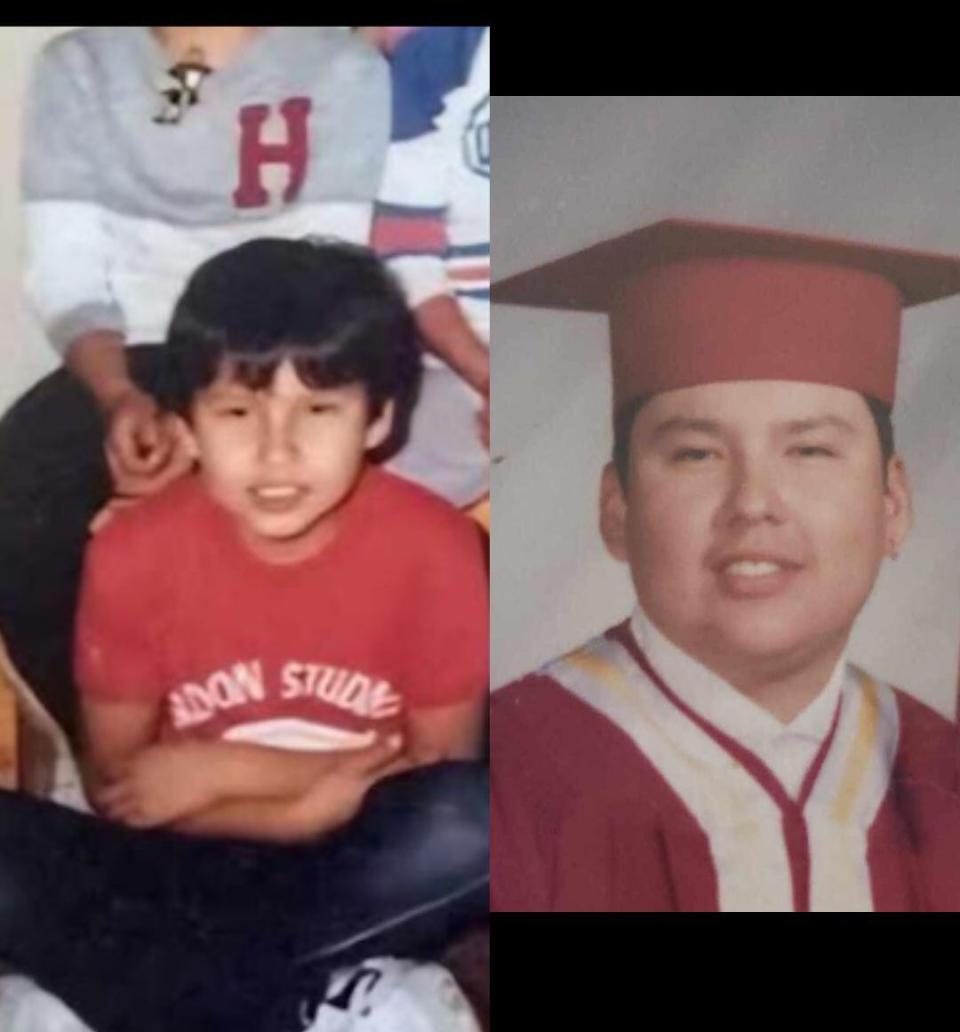 A side by side photo of Ivan in Gordon's residential school, and a photo when he graduated from Lebret residential school. 