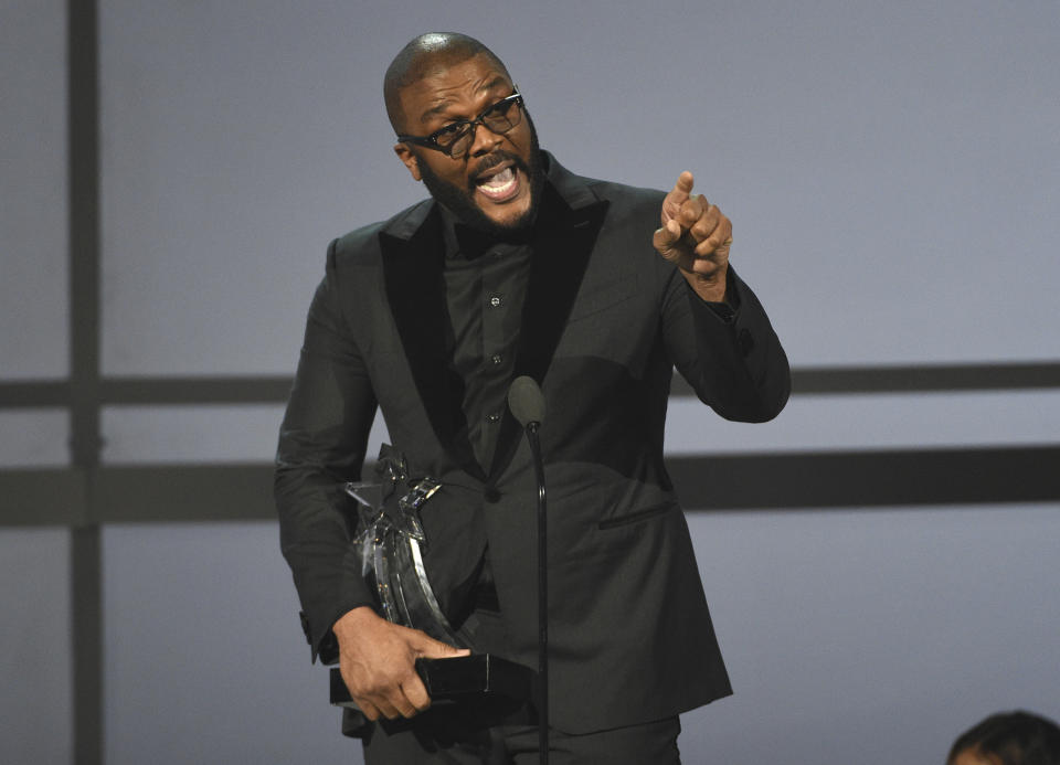 Tyler Perry accepts the ultimate icon award at the BET Awards on Sunday, June 23, 2019, at the Microsoft Theater in Los Angeles. (Photo by Chris Pizzello/Invision/AP)