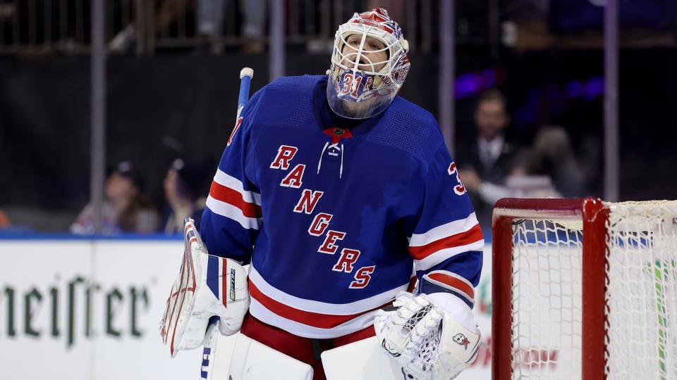 Dec 12, 2023; New York, New York, USA; New York Rangers goaltender Igor Shesterkin (31) reacts during the third period against the Toronto Maple Leafs at Madison Square Garden.