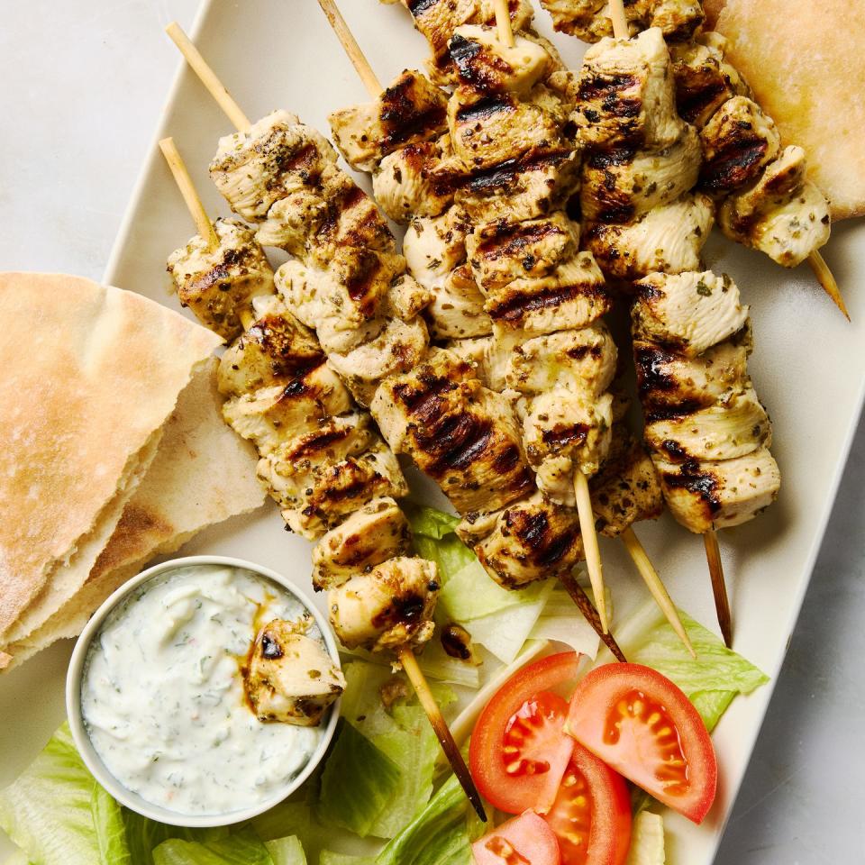 grilled chicken pieces on skewers