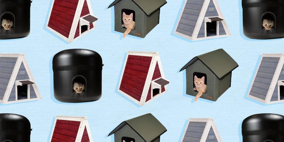 A collage of the best outdoor cat houses, including the The Kitty Tube, K&H Kitty House and Petsfit Outdoor Triangle Cat House, against a blue background.