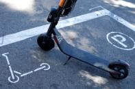 Scooter is shown legally parked in a scooter zone in downtown San Diego, California