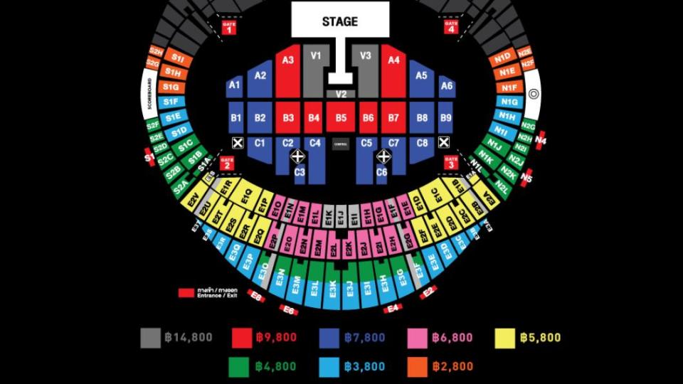 BLACKPINK泰國場演唱會的門票，最前方的灰色區塊VIP門票一張要價14800泰銖，折合台幣約1萬3000元，讓歌迷大喊吃不消。（圖／翻攝自售票網站）