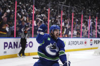 Vancouver Canucks' Conor Garland celebrates his goal against the Edmonton Oilers during the third period of Game 1 of a second-round NHL hockey Stanley Cup playoffs series, Wednesday, May 8, 2024, in Vancouver, British Columbia. (Darryl Dyck/The Canadian Press via AP)