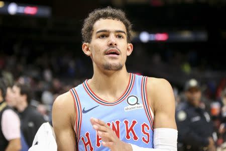 Jan 15, 2019; Atlanta, GA, USA; Atlanta Hawks guard Trae Young (11) reacts after a game against the Oklahoma City Thunder at State Farm Arena. Mandatory Credit: Brett Davis-USA TODAY Sports