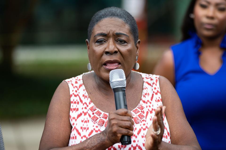 Dot Inman-Johnson, who is running for a seat on the City Commission, speaks during a press conference at the Florida Education building where she and other community members called upon Commissioner of Education Manny Diaz to reverse the decision made on the AP African studies Thursday, Aug. 10, 2023.