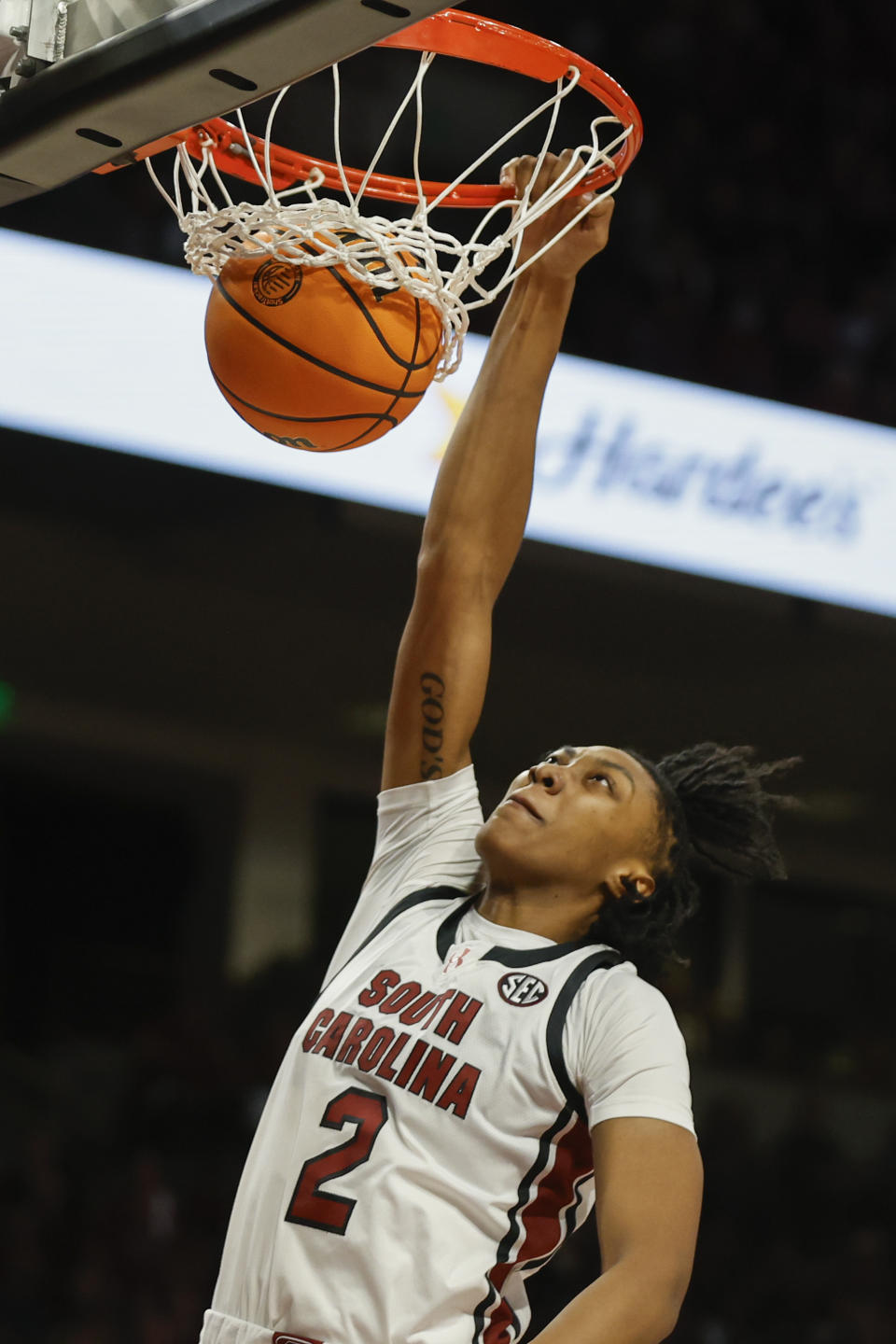 South Carolina forward Ashlyn Watkins dunks against Kentucky during the first half of an NCAA college basketball game in Columbia, S.C., Monday, Jan. 15, 2024. (AP Photo/Nell Redmond)