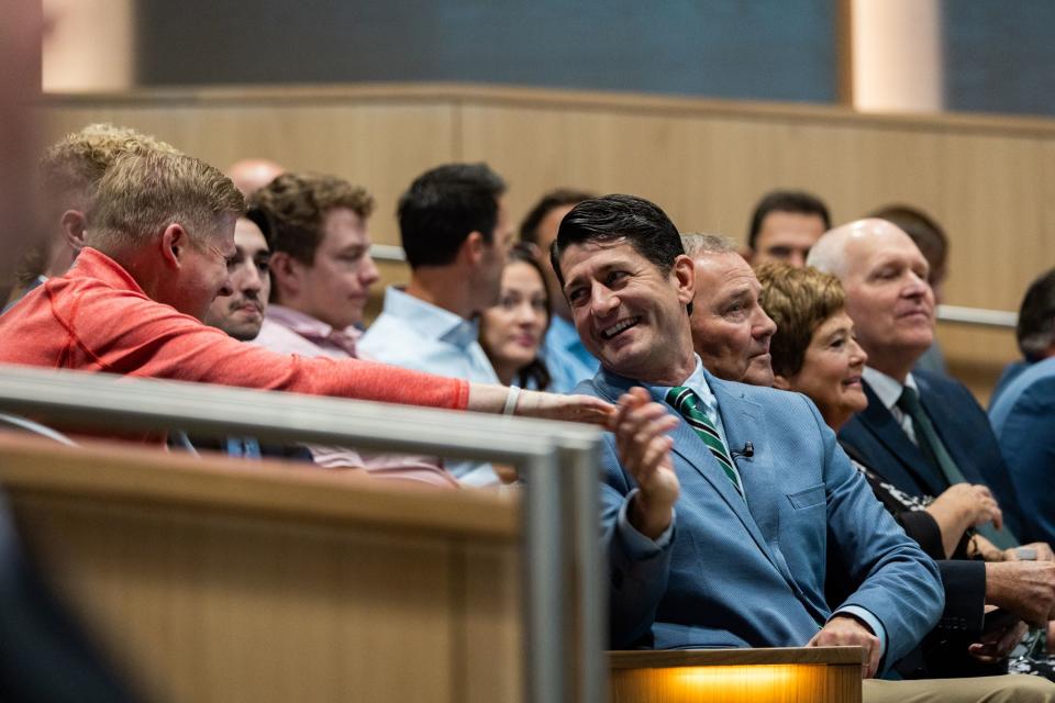 Paul Ryan, a former U.S. House speaker and the 2012 Republican vice presidential candidate, shakes hands with an attendee before speaking at the Gary R. Herbert Institute for Public Policy at Utah Valley University in Orem on Thursday, Oct. 5, 2023. | Megan Nielsen, Deseret News