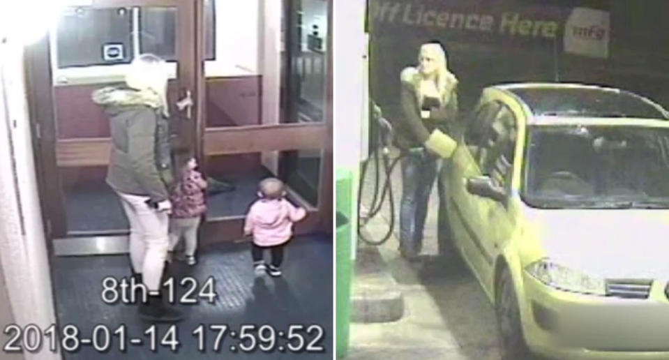 CCTV shows Louise Porton with daughters Lexi, 3, and Scarlett, 17 months on January 14 and (right) the mum filling up her car with petrol on February 1. Lexi died on January 15, Scarlett on February 1. Their mum killed both of them.