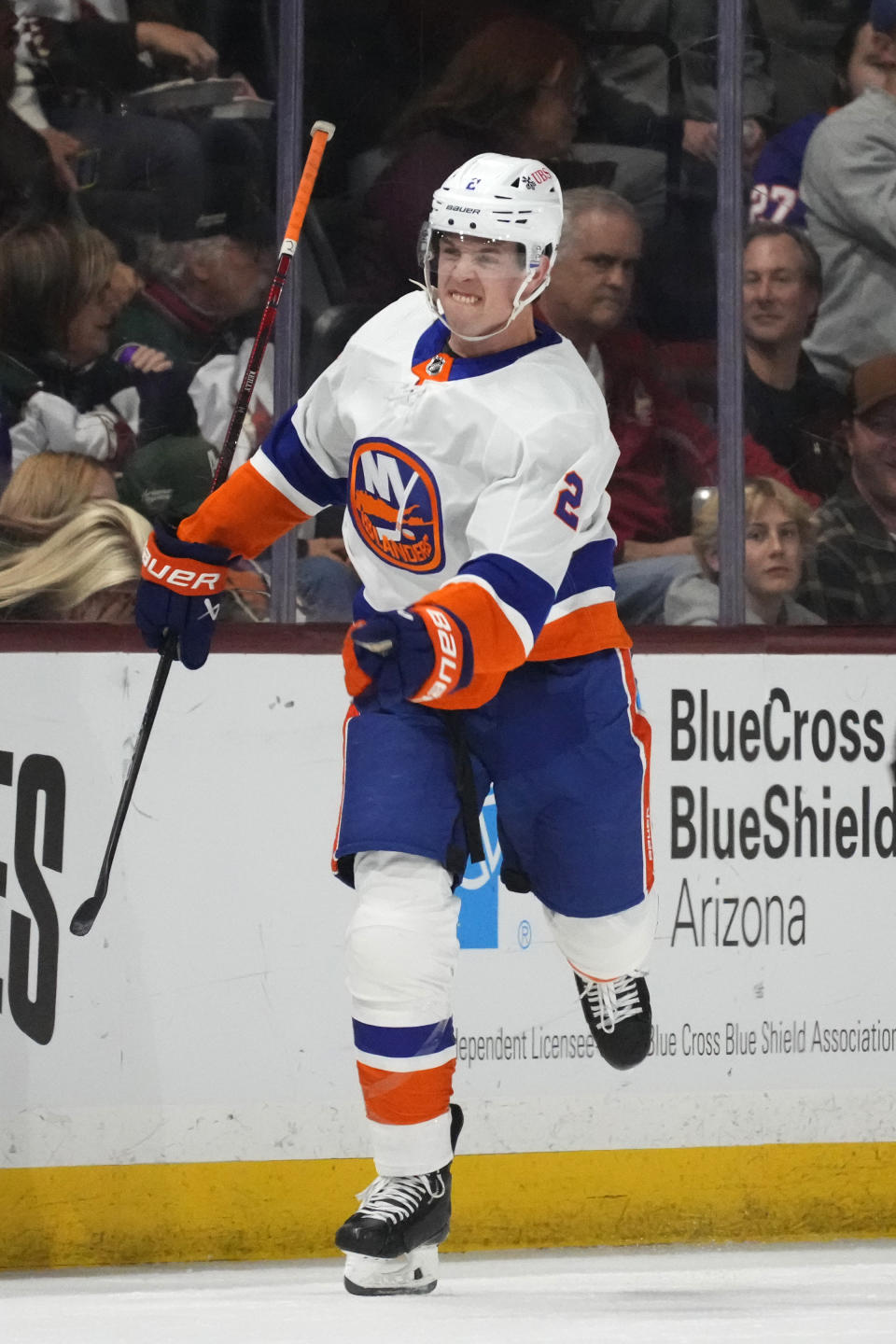 New York Islanders defenseman Mike Reilly celebrates after his goal against the Arizona Coyotes during the first period of an NHL hockey game Thursday, Jan. 4, 2024, in Tempe, Ariz. (AP Photo/Ross D. Franklin)