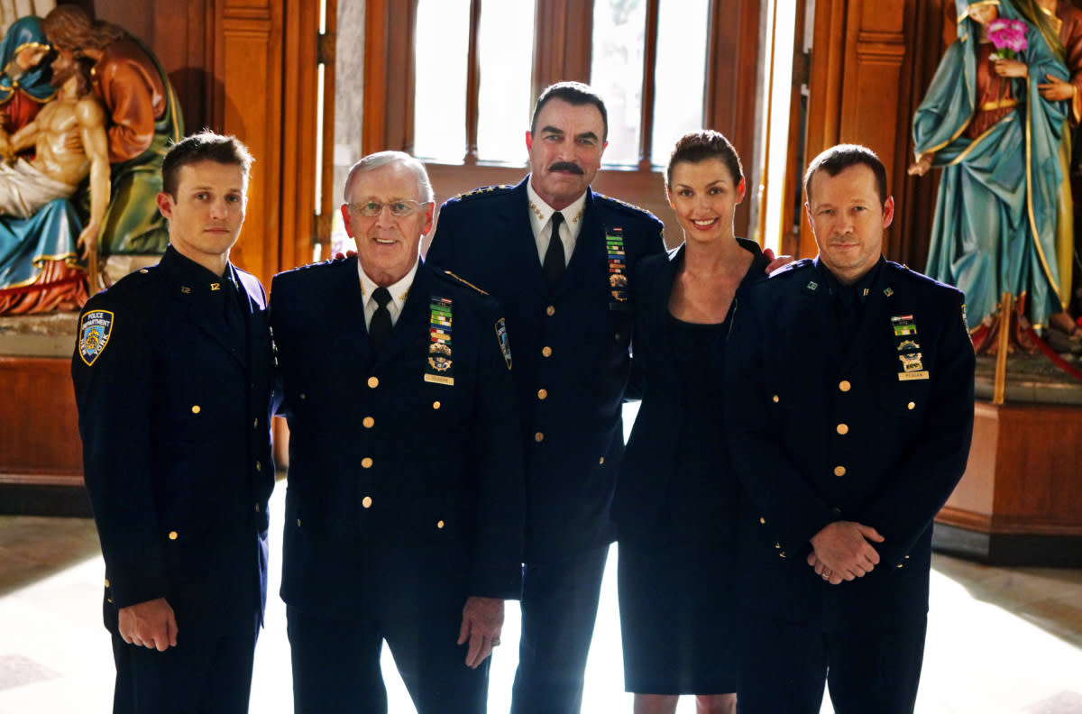 Will Estes as Jamie Reagan, Len Cariou as Henry Reagan, Tom Selleck as Frank Reagan, Bridget Moynahan as Erin Reagan-Boyle and Donnie Wahlberg as Danny Reagan in "Blue Bloods"<p>CBS</p>