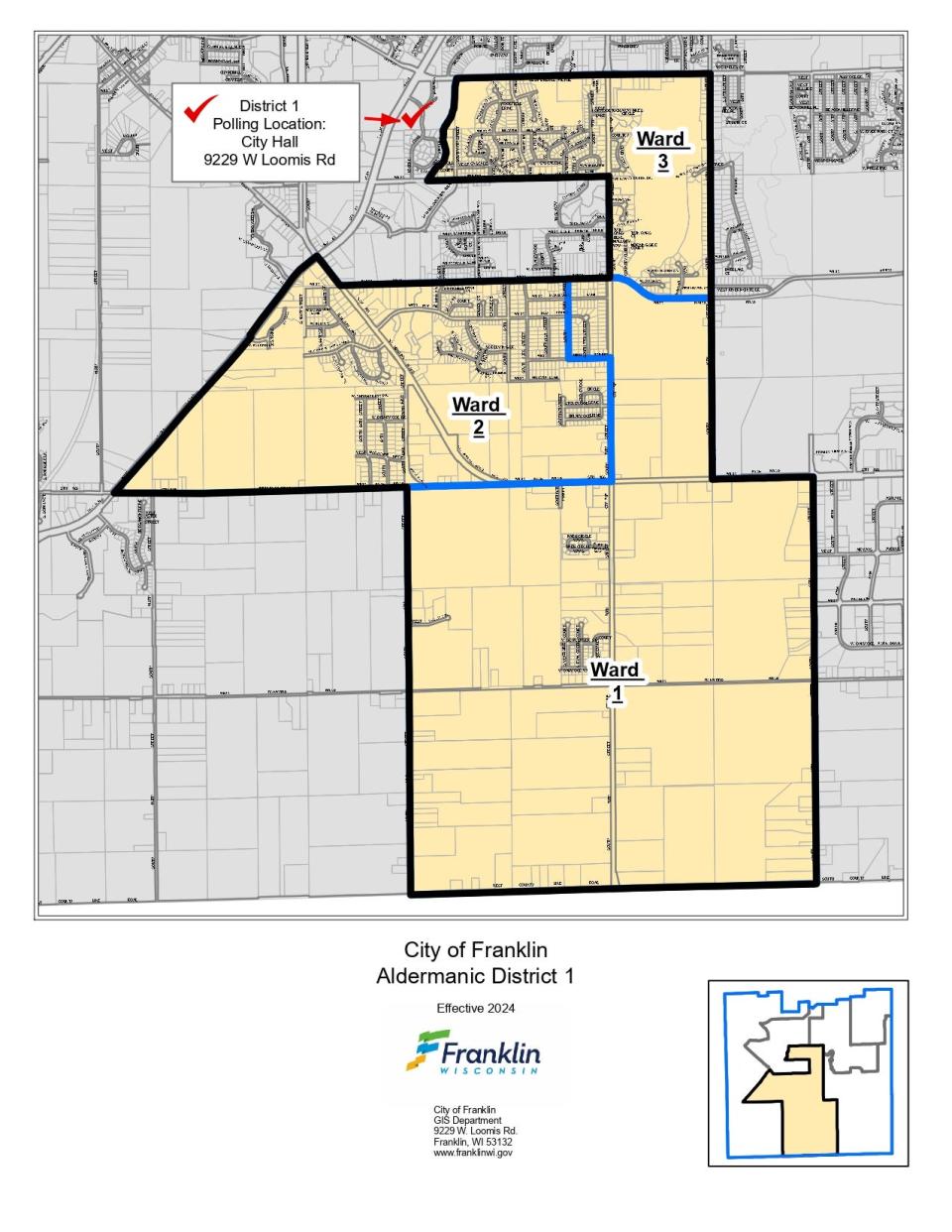 This map shows the boundary for District 1 in Franklin, Wisconsin.