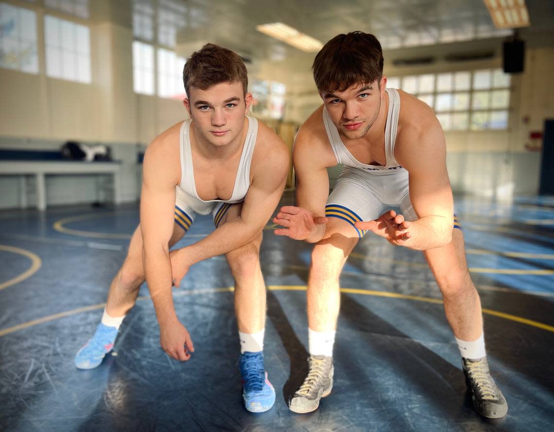 Bremerton High School wrestlers Lars Michaelson, left, and Thor Michaelson are two of the state’s most dominant high school wrestlers. Photographed at Bremerton High School on Tuesday, Feb. 14, 2023.