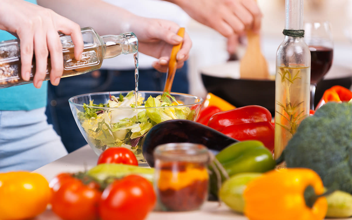 <p>iStock</p><p>Next time you reach for a salad, try replacing that creamy dressing with extra virgin olive oil and apple cider or red wine vinegar.</p><p><strong>Get the recipe: <a href="/706231/clevelandclinic/switch-to-this-salad-dressing-to-fight-diabetes/" data-ylk="slk:Olive Oil and Vinegar Dressing;elm:context_link;itc:0;sec:content-canvas" class="link rapid-noclick-resp">Olive Oil and Vinegar Dressing</a></strong></p>