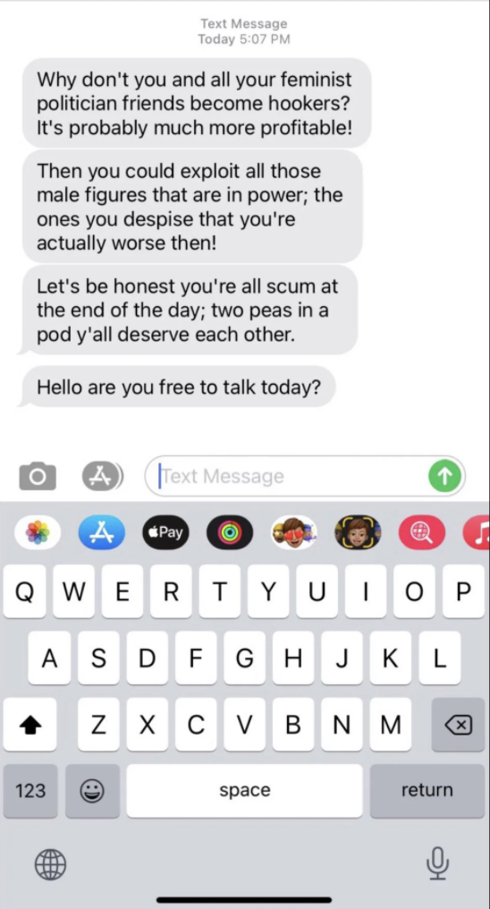 texts saying ex and their feminist friends should become hookers and they're all scum and deserve each other, then a text asking if the ex is free to talk that day