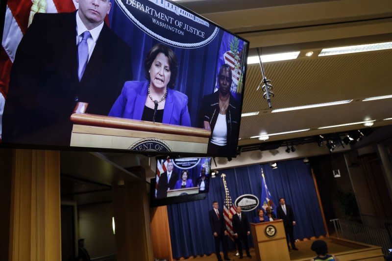 Deputy U.S. Attorney General Lisa Monaco announces the recovery of millions of dollars worth of cryptocurrency from the Colonial Pipeline Co. ransomware attacks as she speaks during a news conference in 2021. The State Department on Thursday offered a $10 million for information on leaders of the Hive ransomware organized crime group. File Pool Photo by Jonathan Ernst/UPI