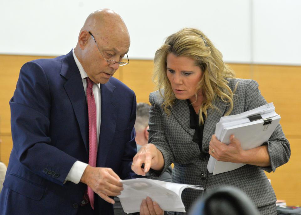 Defense attorney Neil Taylor, left, and Assistant State Attorney Suzanne O'Donnell confer about evidence to be presented during a hearing Thursday. Ashley Benefield is accused of killing her estranged husband, Doug Benefield, and is attempting to have the case dismissed under Florida's Stand Your Ground law. The hearing on the justifiable use of force immunity defense began Thursday, July 6, 2023, at the Manatee County Judicial Center in Bradenton, Florida and is expected to last two days.
(Credit: Mike Lang, Sarasota Herald-Tribune)