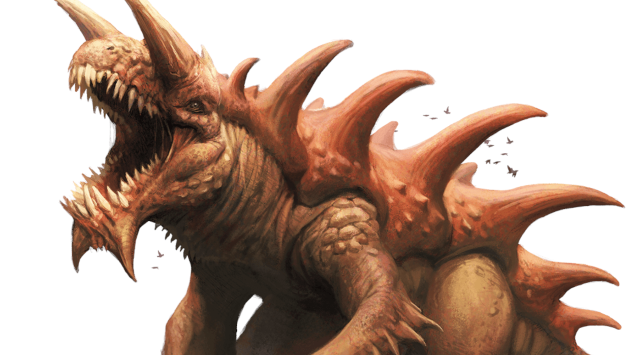  Art of D&D's tarrasque, a gargantuan monster from the Player's Handbook - large enough to dwarf flocks of birds. 