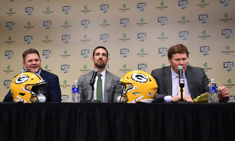 Green Bay Packers GM Brian Gutekunst, coach Matt LaFleur, and president Mark Murphy.