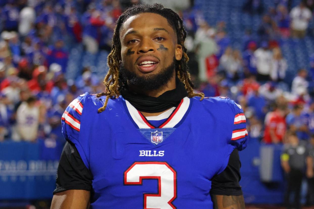 ORCHARD PARK, NY - SEPTEMBER 19: Damar Hamlin #3 of the Buffalo Bills after a game against the Tennessee Titans at Highmark Stadium on September 19, 2022 in Orchard Park, New York. (Photo by Timothy T Ludwig/Getty Images)