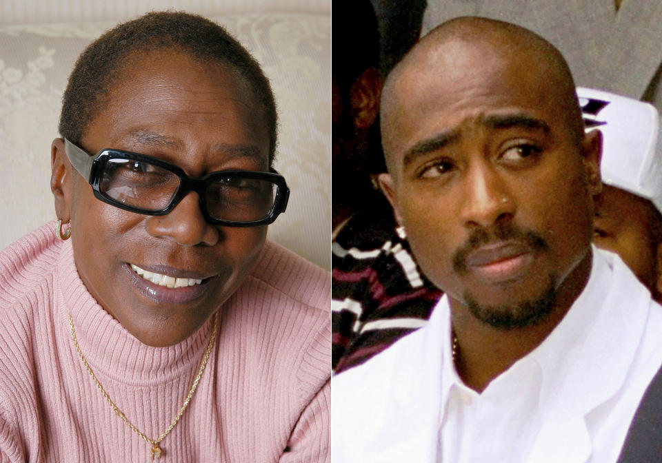 This combination of photos shows Afeni Shakur in New York, Oct. 23, 2003, left, and rapper Tupac Shakur at a voter registration event in South Central Los Angeles on Aug. 15, 1996. A new five-part docuseries, “Dear Mama,” which explores how the mother-son duo of Tupac and Afeni Shakur shaped American history, premieres Friday on FX. (AP Photo)