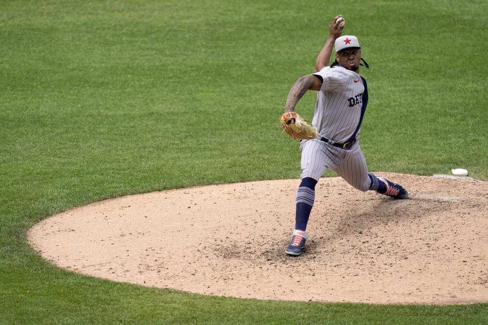 Detroit Tigers pitcher Gregory Soto throws during the seventh inning of a baseball game against the Kansas City Royals Sunday, May 23, 2021, in Kansas City, Mo. (AP Photo/Charlie Riedel)