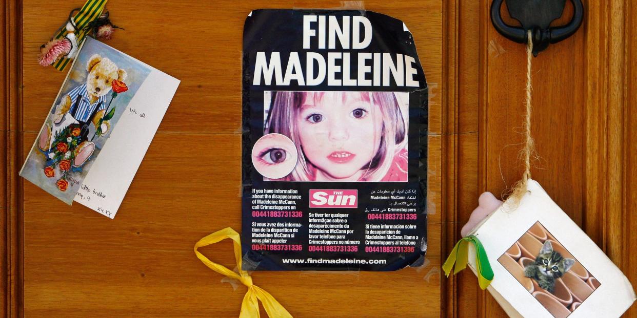 LAGOS, PORTUGAL - AUGUST 09: A poster and cards are placed on the Church door in Praia da Luz for missing Madeleine McCann August 9, 2007 in Praia da Luz, Portugal. Police continue there investigation in the Algarve village after blood was found in the McCann Apartment. (Photo by Jeff J Mitchell/Getty Images)