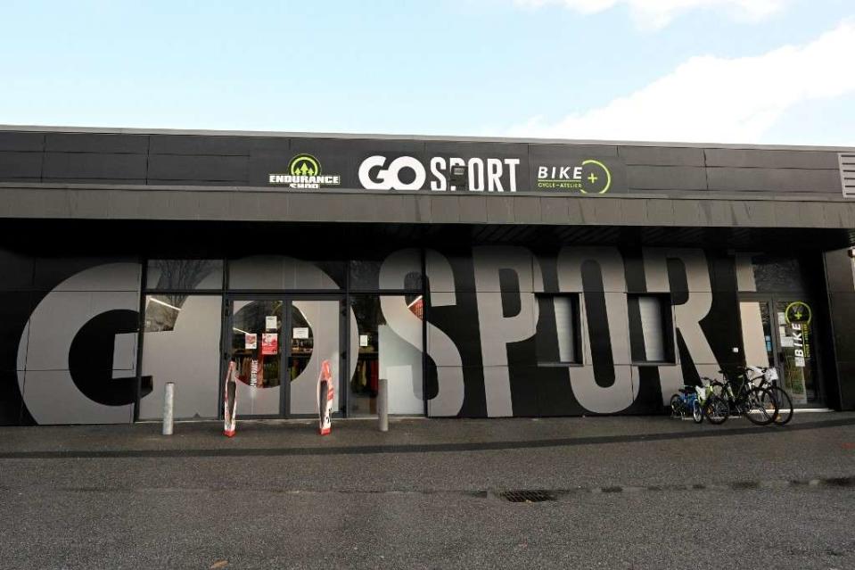 This photograph taken on January 16, 2023 shows the entrance of a sporting goods store 