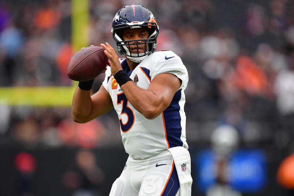 Oct 2, 2022; Paradise, Nevada, USA; Denver Broncos quarterback Russell Wilson (3) before playing against the Denver Broncos at Allegiant Stadium. Mandatory Credit: Gary A. Vasquez-USA TODAY Sports