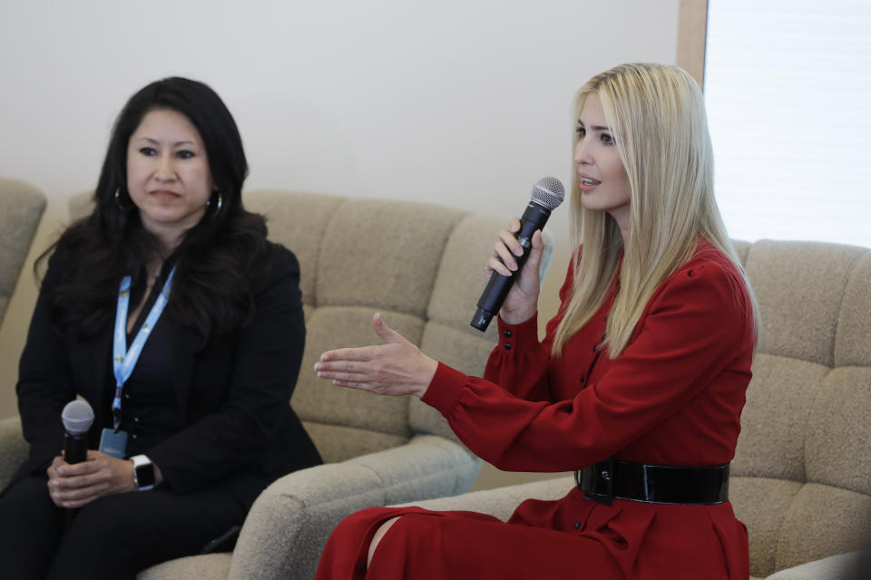 Ivanka Trump speaks during a news conference, Thursday, May 16, 2019, in Indianapolis. During an event with President Donald Trump's daughter and senior adviser on Thursday, Salesforce chairman Marc Benioff announced that the business software company aims to provide skills training to 500,000 people as part of a Trump administration push to boost career opportunities among Americans. Ivanka Trump said a goal of the "Pledge to America's Workers" program is that everyone has equal access to career training and opportunities. (AP Photo/Darron Cummings)