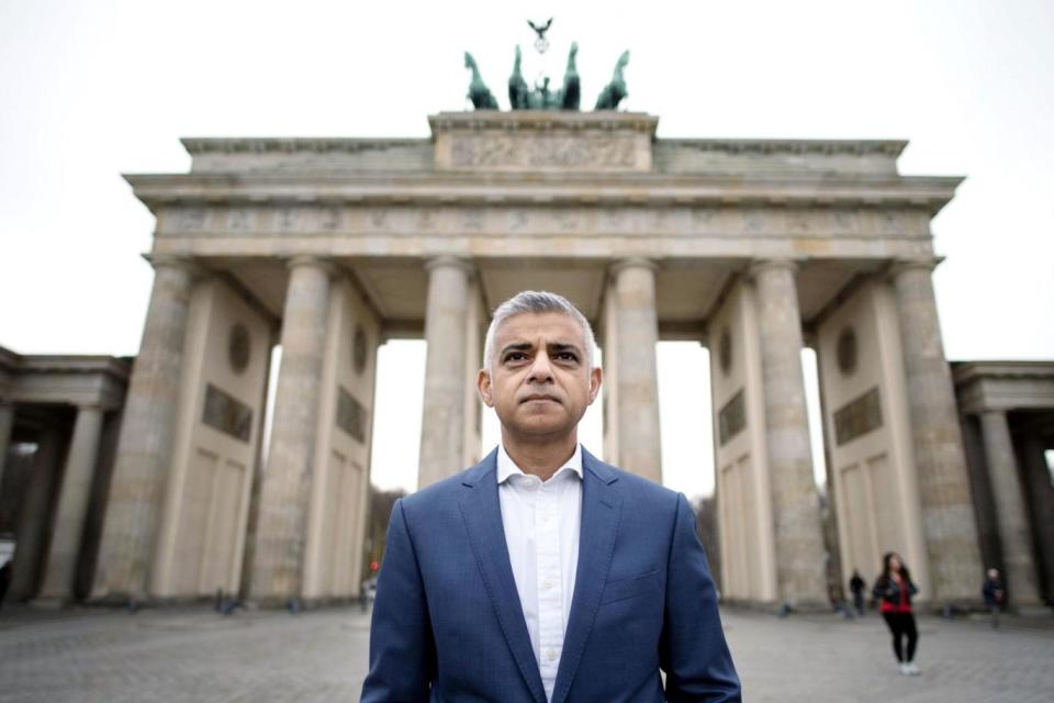 Mayor of London Sadiq Khan at the Brandenburg Gate in Berlin, Germany, during a three-day visit to European capitals where he will meet business leaders and politicians (PA)