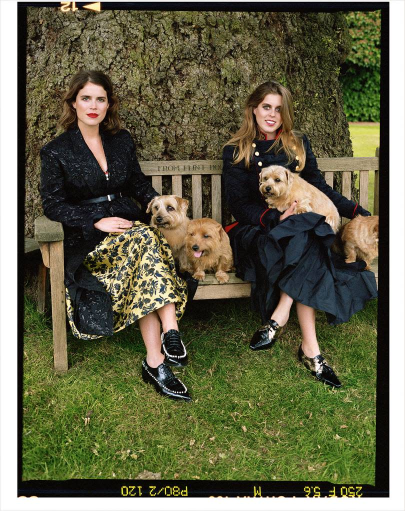 Princess Eugenie, left, with her sister Beatrice during their British Vogue shoot, shot in the grounds of Royal Lodge [Photo: Sean Thomas]