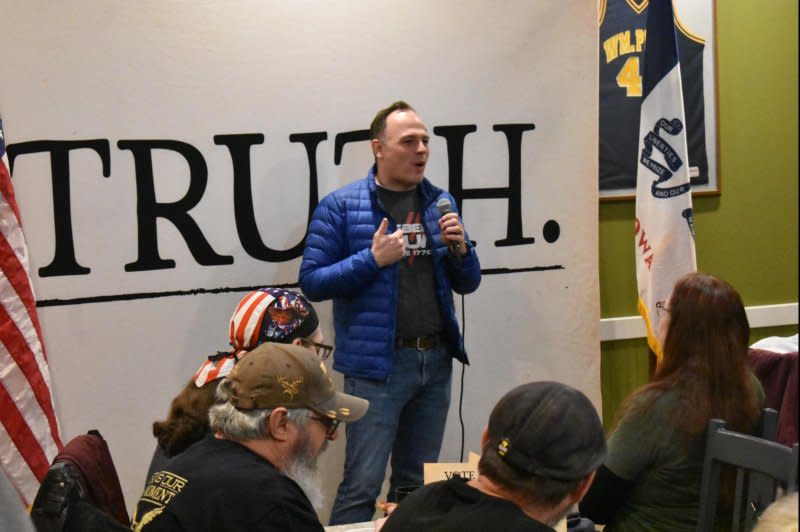 Former Iowa Secretary of State Matt Schultz introduced Republican presidential candidate Vivek Ramaswamy at a town hall in Oskaloosa, Iowa, on Friday. Photo by Joe Fisher/UPI