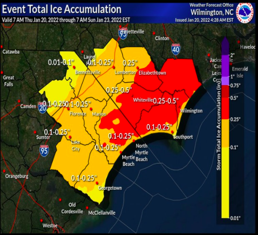 A graphic forecasting ice accumulation for a coastal storm that's set to hit the Cape Fear region starting late Thursday.