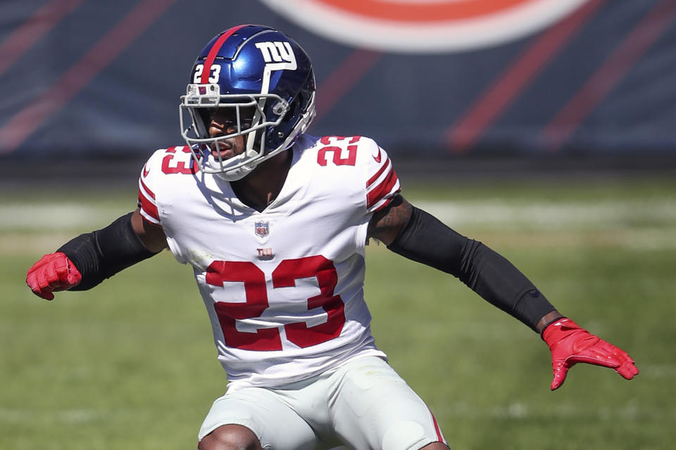 New York Giants cornerback Logan Ryan (23) plays against the Chicago Bears during the first half of an NFL football game, Sunday, Sept. 20, 2020, in Chicago. The Giants play the San Francisco 49ers on Sunday, Sept. 27. (AP Photo/Kamil Krzaczynski)