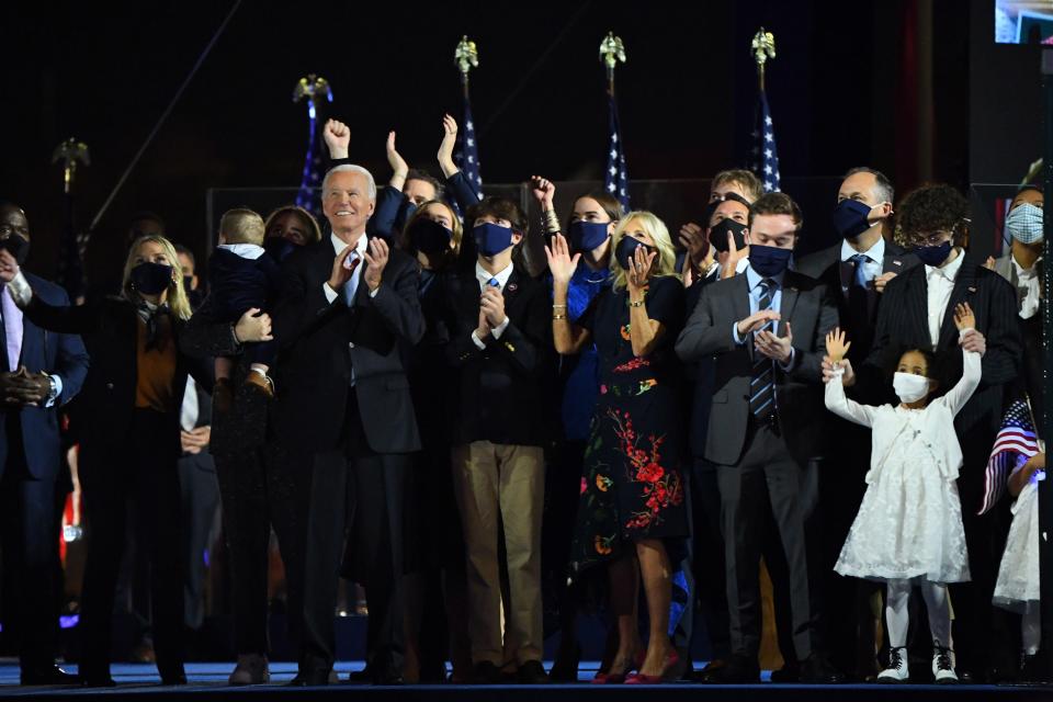 President-elect Joe Biden and vice president-elect Kamala Harris watch fireworks with their families after speaking to supporters.