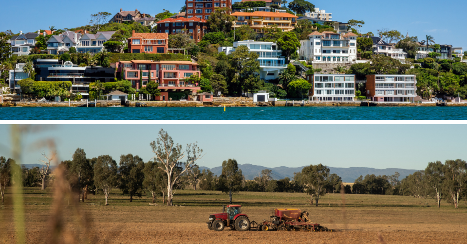 View of Sydney suburb Double Bay taken from the water and image if a tractor in a field in regional NSW