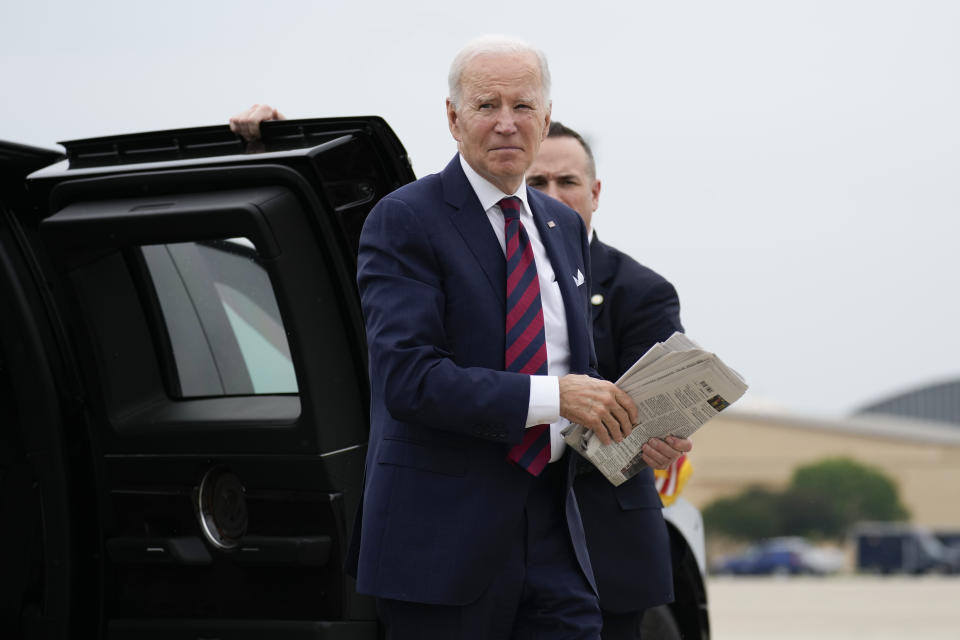 FILE - President Joe Biden arrives to board Air Force One at Andrews Air Force Base, Md., Saturday, May 13, 2023, en route to Dover Air Force Base in Dover, Del. (AP Photo/Carolyn Kaster, File)