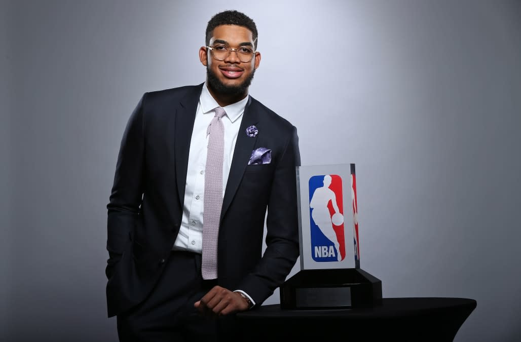 Karl-Anthony Towns presented with the 2015-2016 KIA NBA Rookie of the Year Award