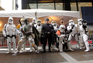 The Empire's forces looking really tough... except for a random Jedi that seems to be lost at the NY premiere of 20th Century Fox's Star Wars: Episode III