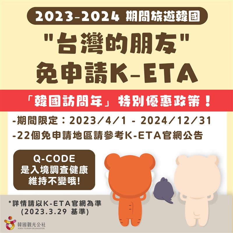 2023-2024期間限定大優惠政策，「4/1起台灣朋友前往韓國旅遊…得免申請K-ETA。（圖／翻攝自韓國觀光公社台北支社臉書粉專）
