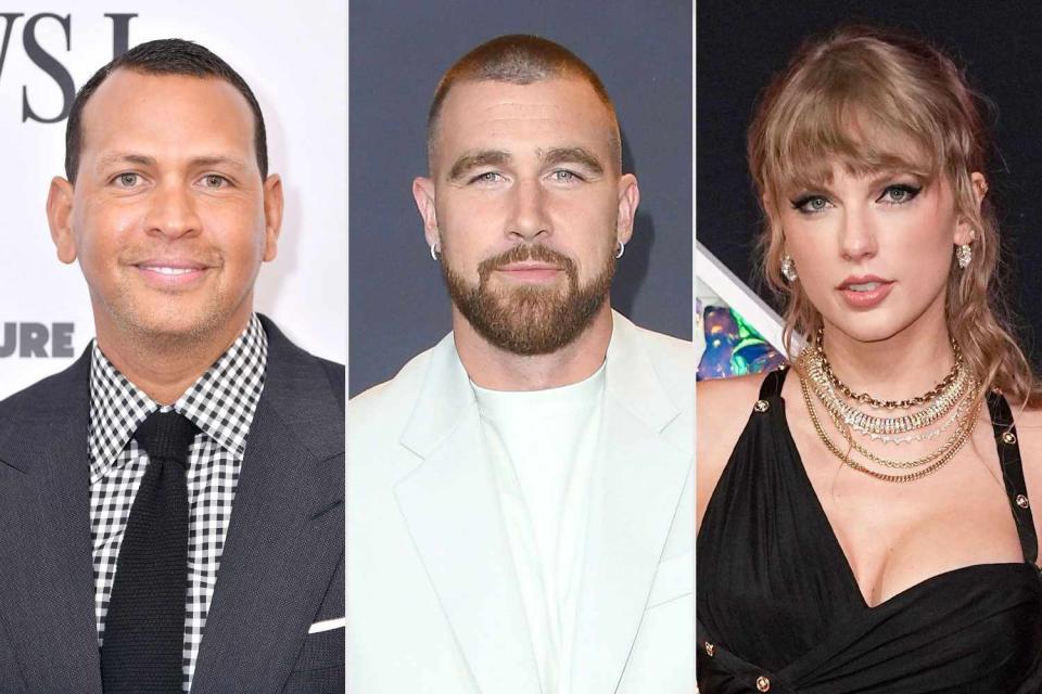 <p>getty (3)</p> Alex Rodriguez, Travis Kelce and Taylor Swift