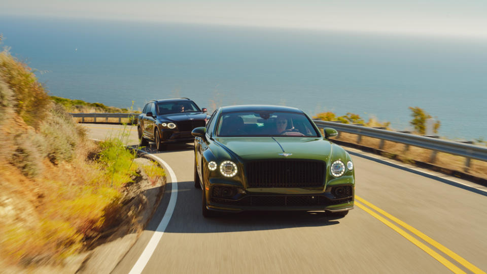 Speed editions of the Flying Spur (front) and Bentayga SUV climb from the coast.