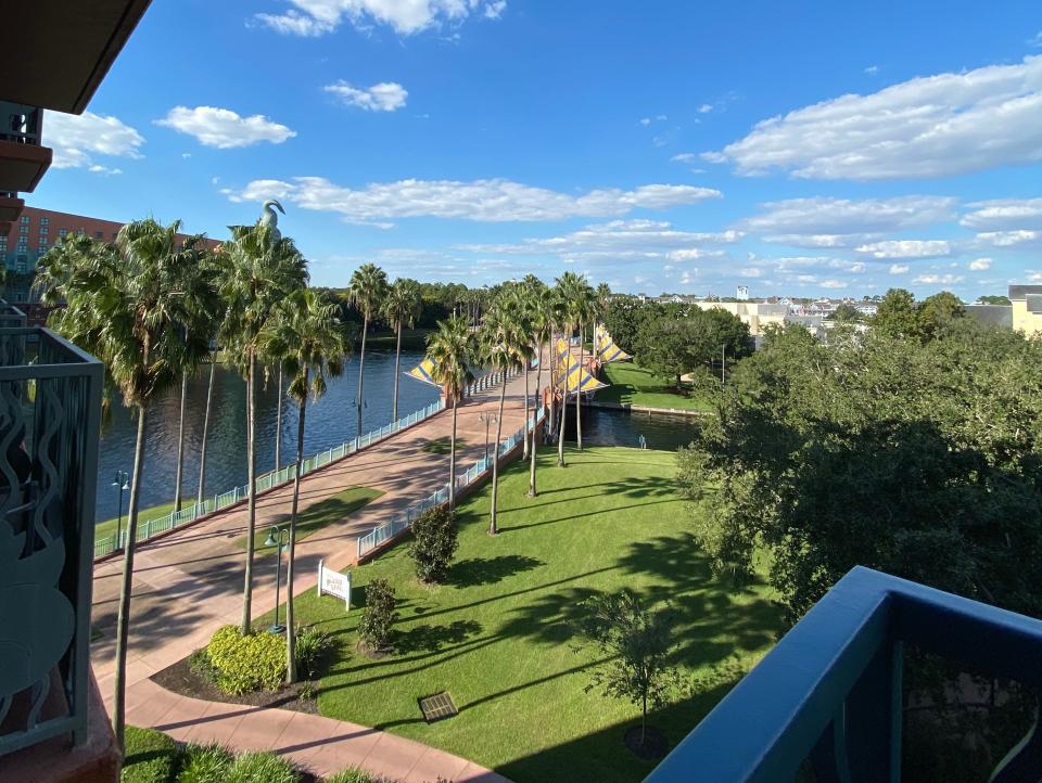 view out the window at a room at the swan and dolphin at disney world
